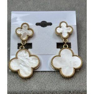 Gold-Plated Clover Dangle Earrings With Faux White Mother-of-Pearl Inlay